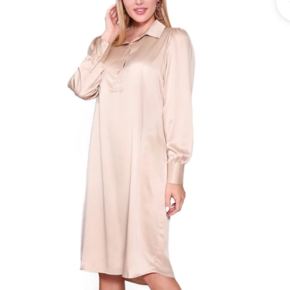 Wuko Gals~ Satin like long sleeve pearl buttons down, sand midi dress, Sz XS - Picture 1 of 13